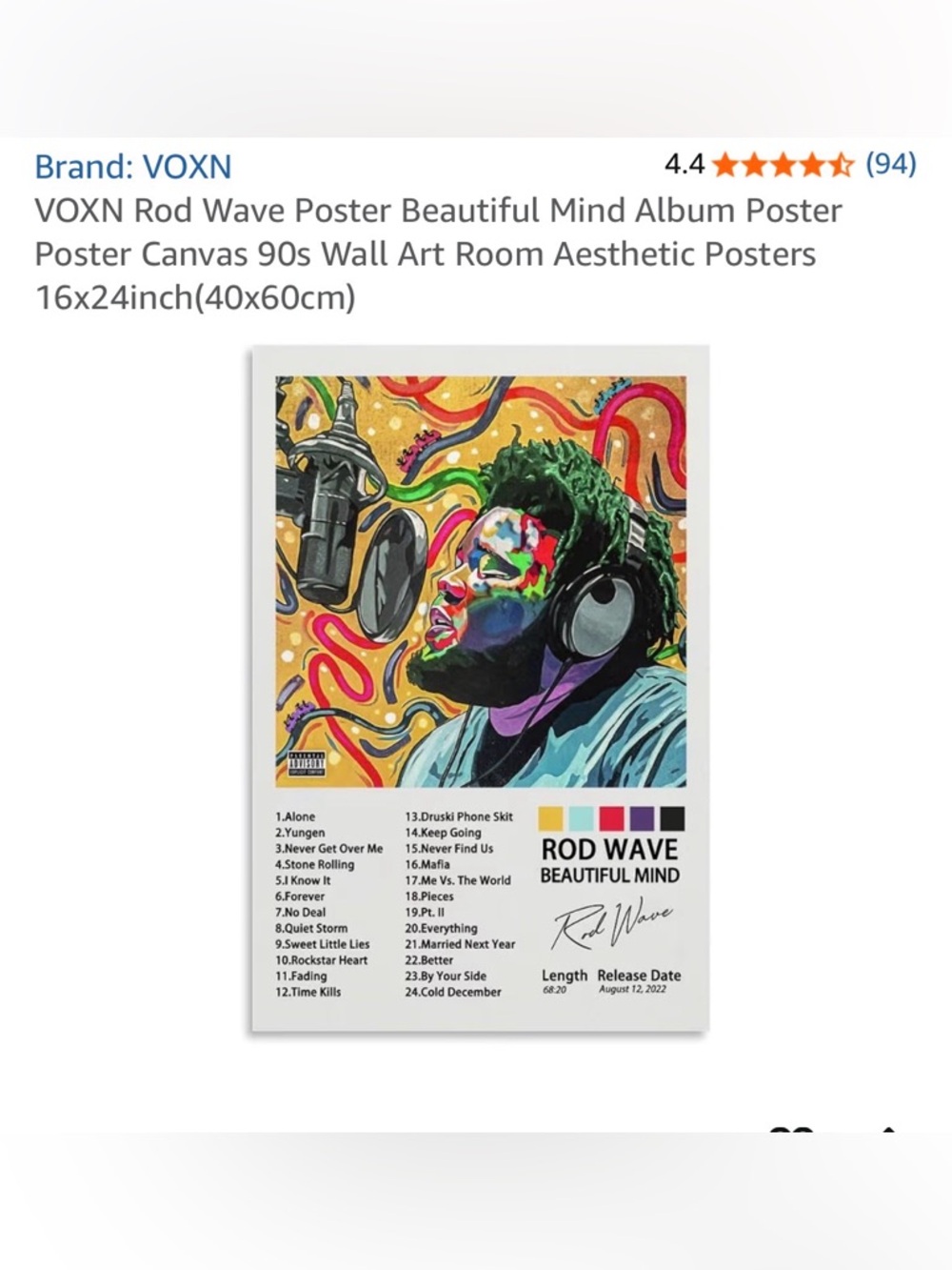 Rod Wave "Beautiful Mind" Colorful Canvas Wall Art Poster